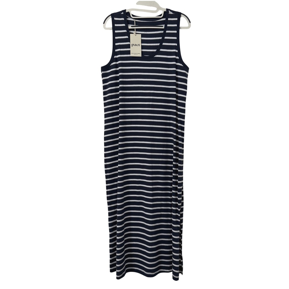 Pact Organic Cotton Striped Maxi Tank Dress Navy Blue White Medium NWT